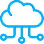 Cloud computing network icon with a blue outline and three circuit-style connections beneath the cloud